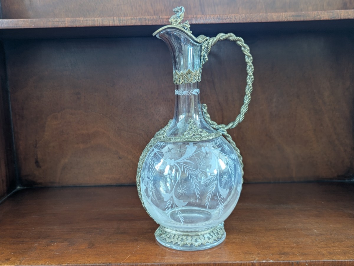 19th Century Engraved Glass Gilt Metal Claret Jug